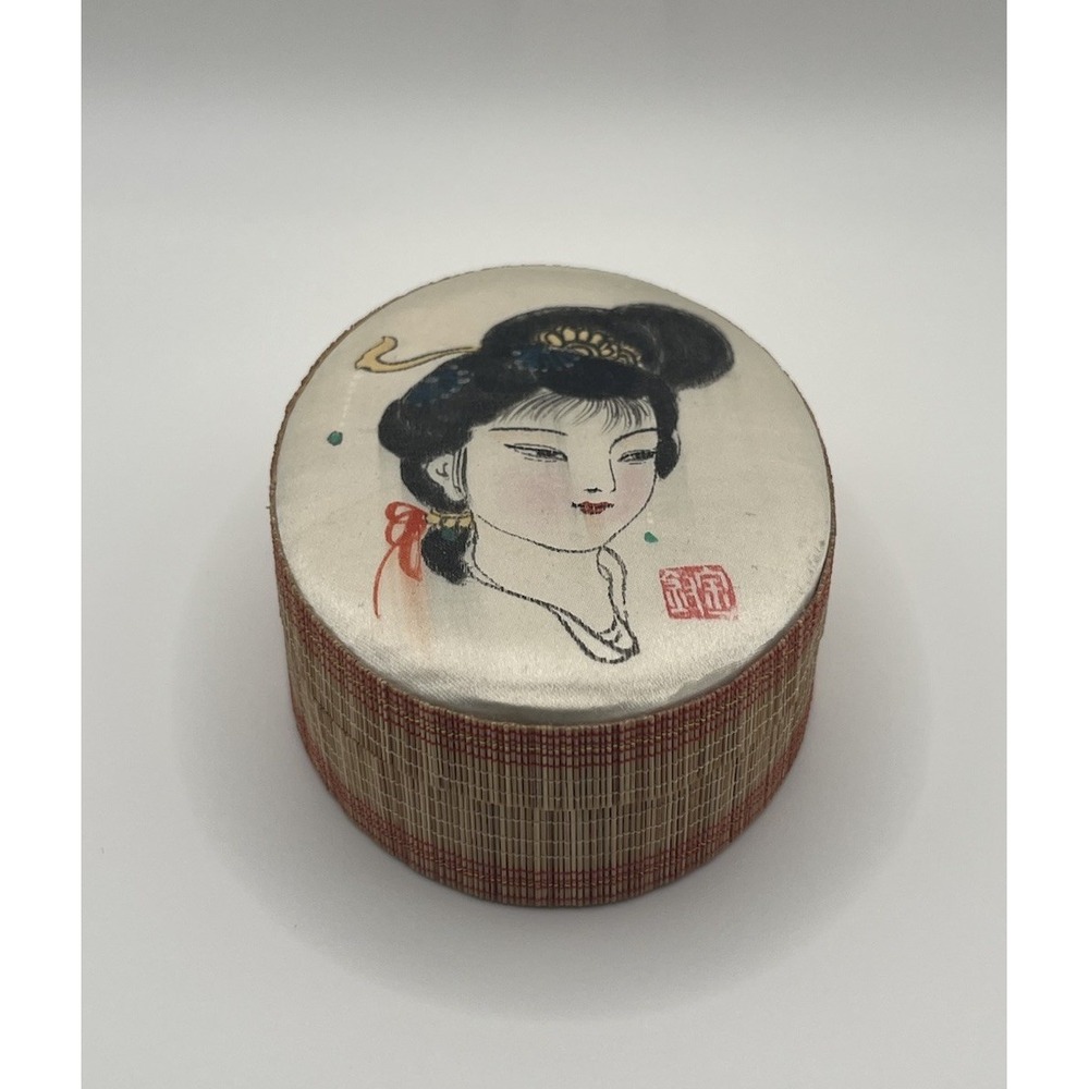 Vintage Japanese Geisha Trinket Box Hand Painted Silk Fabric Lined Oval